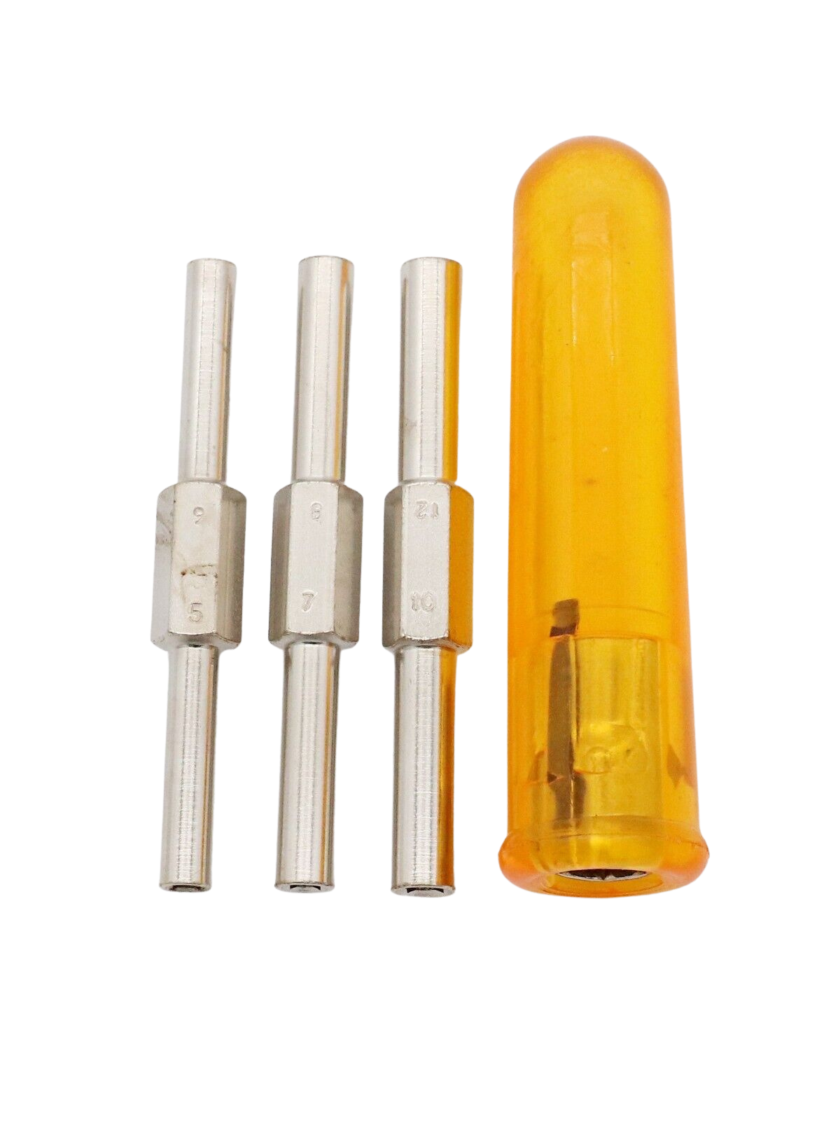 4 piece clock mainspring let-down tool set with handle and interchangeable chucks for safe clock repair