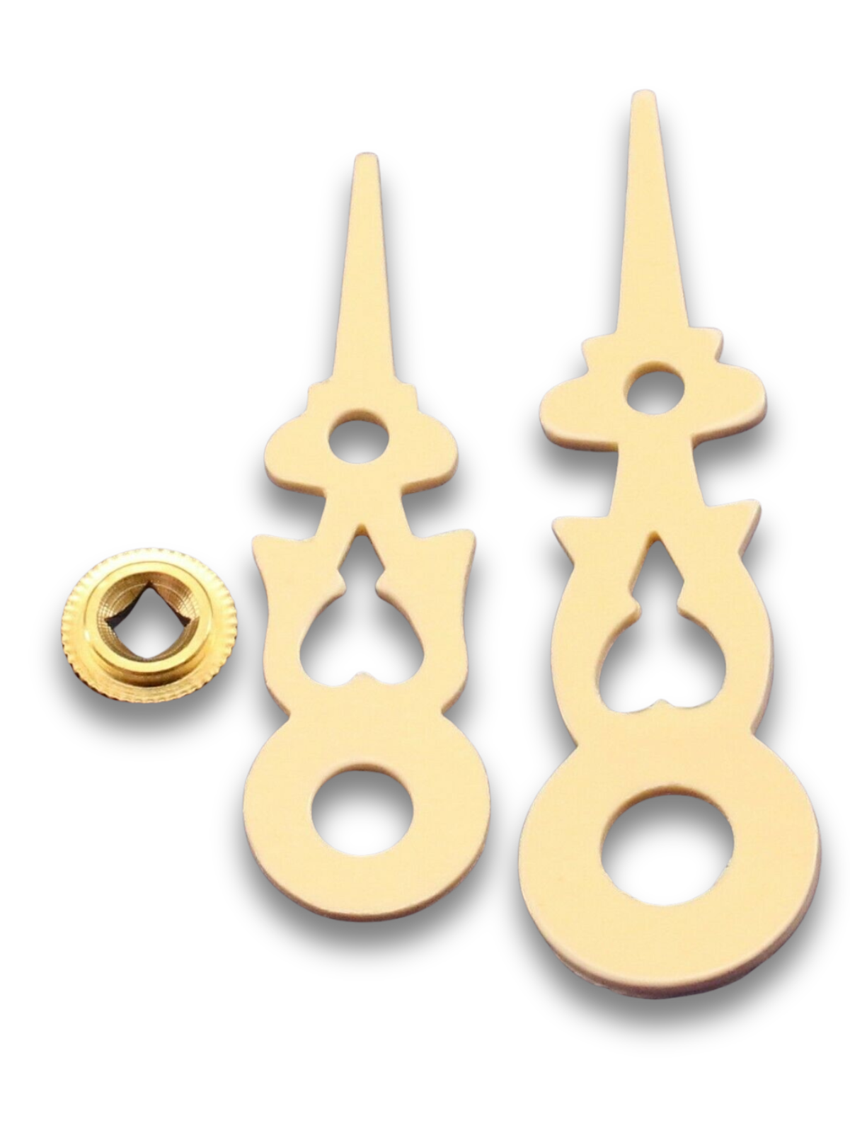 Cream cuckoo clock hands for 80 mm (3 1/8 inch) dial with brass bushing, fits Regula and Hubert Herr movements