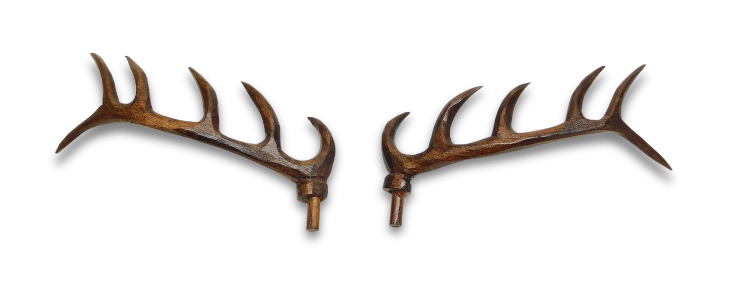 Set of two 3-1/4 inch hand-carved wooden deer antlers with walnut stain for hunter-style cuckoo clocks.