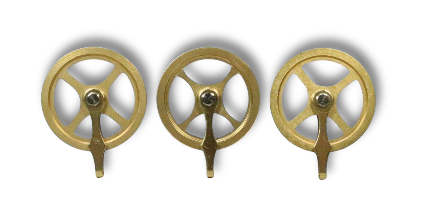 Set of three 1 3/4-inch brass grandfather clock weight pulleys compatible with Hermle, Kieninger, and Urgos movements