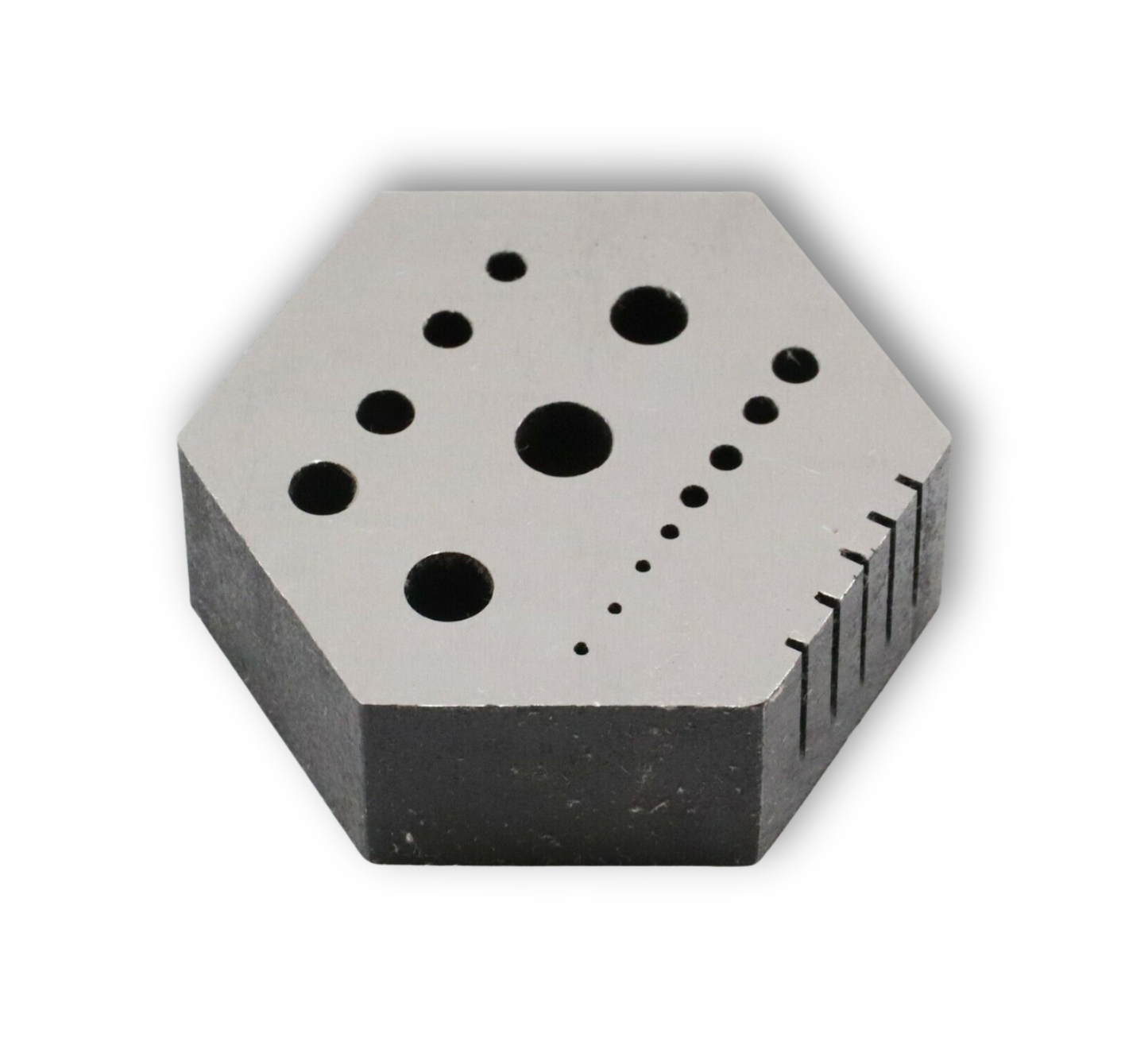 Hexagonal hardened steel bench block anvil with V-slot for riveting and staking in clock and watch repair