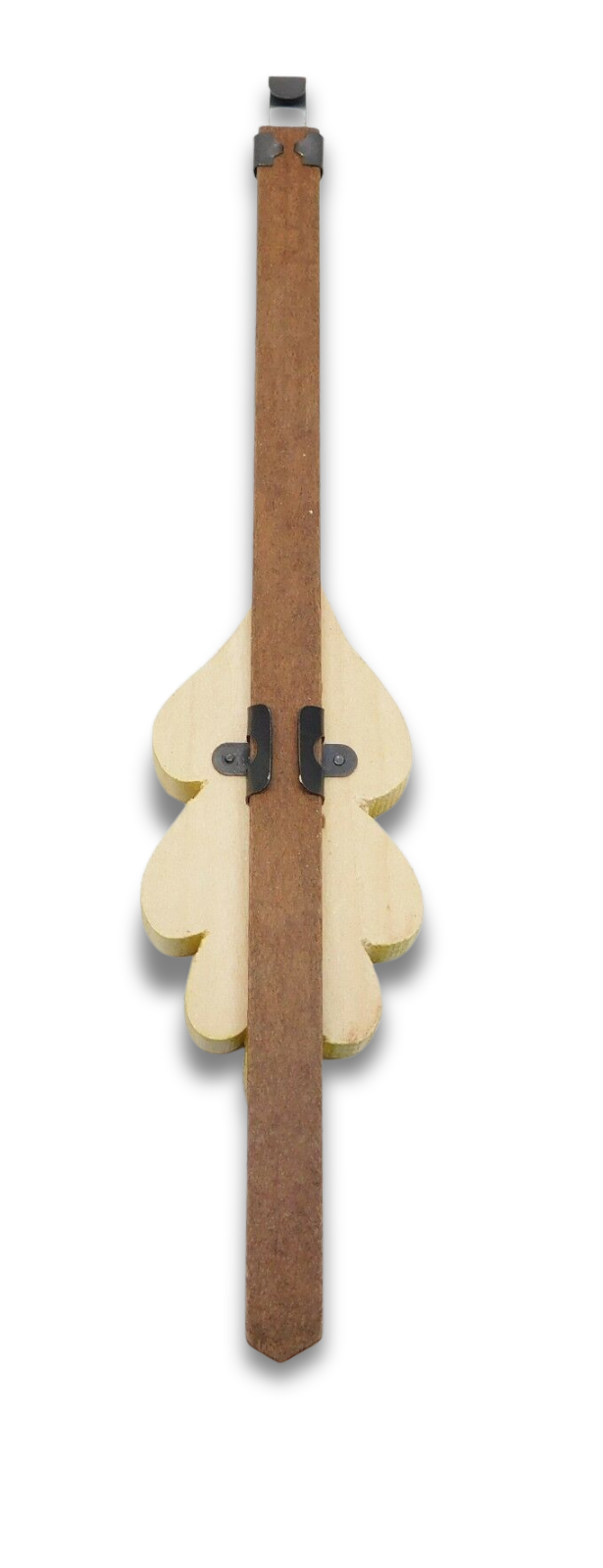 German-made oak leaf cuckoo clock pendulum with green and brown finish, 1.5-inch bob, and timekeeping adjustment slider.