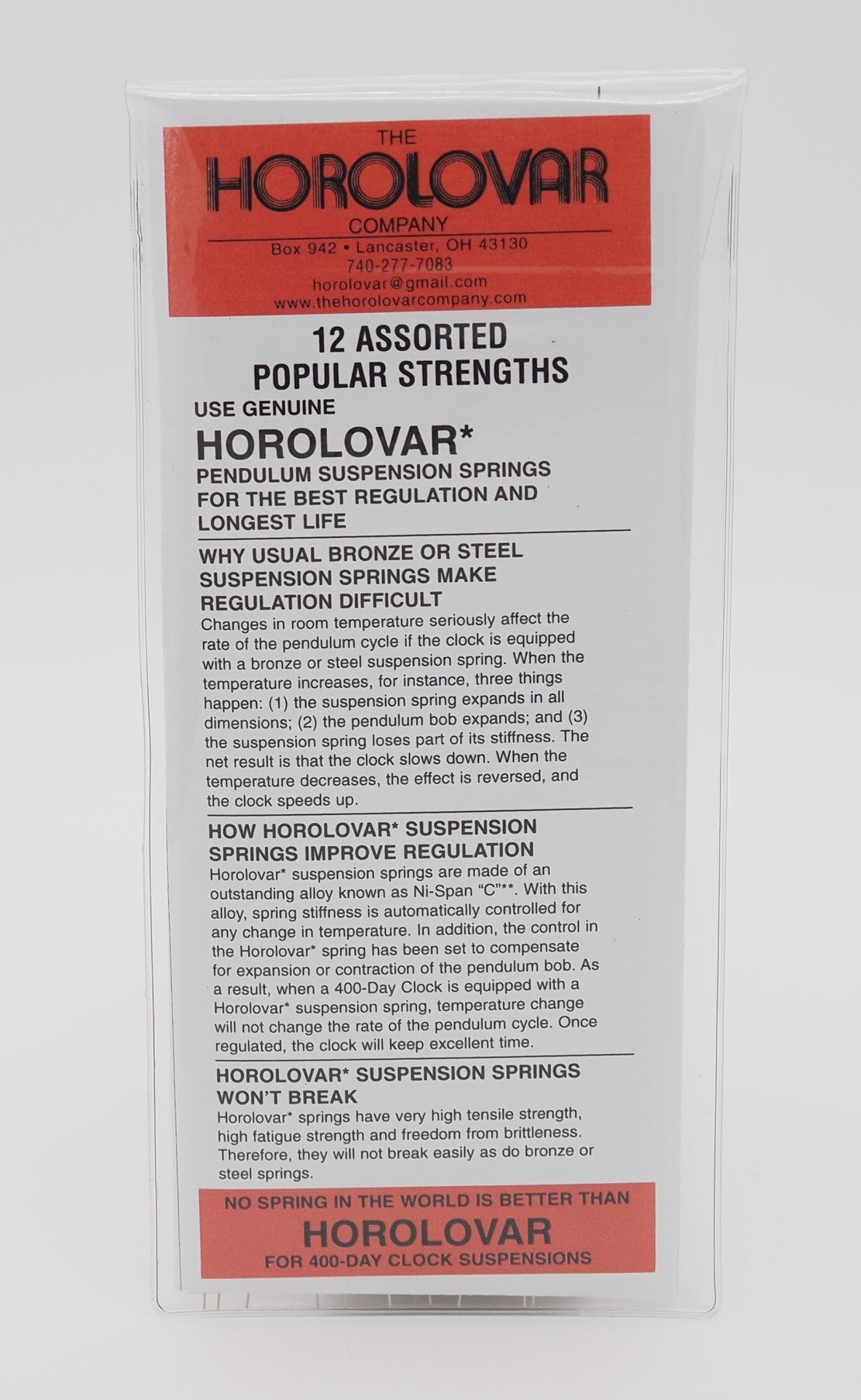 Horolovar Anniversary Clock Suspension Spring Assortment of 12 Popular Strengths
