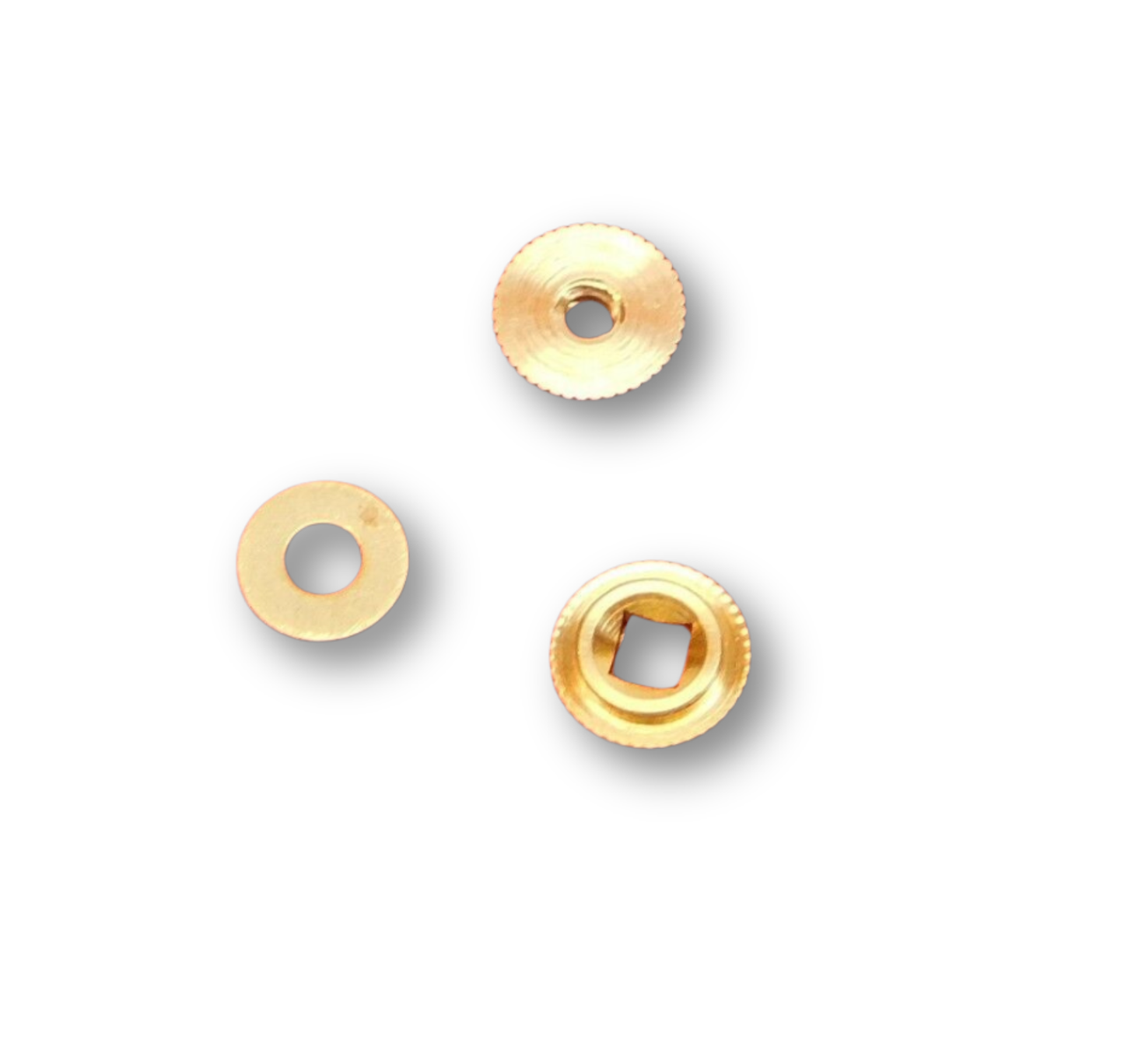Brass Regula cuckoo clock hand nuts and washer set for models 25, 34, and 35 with 2.55 mm square minute hand nut