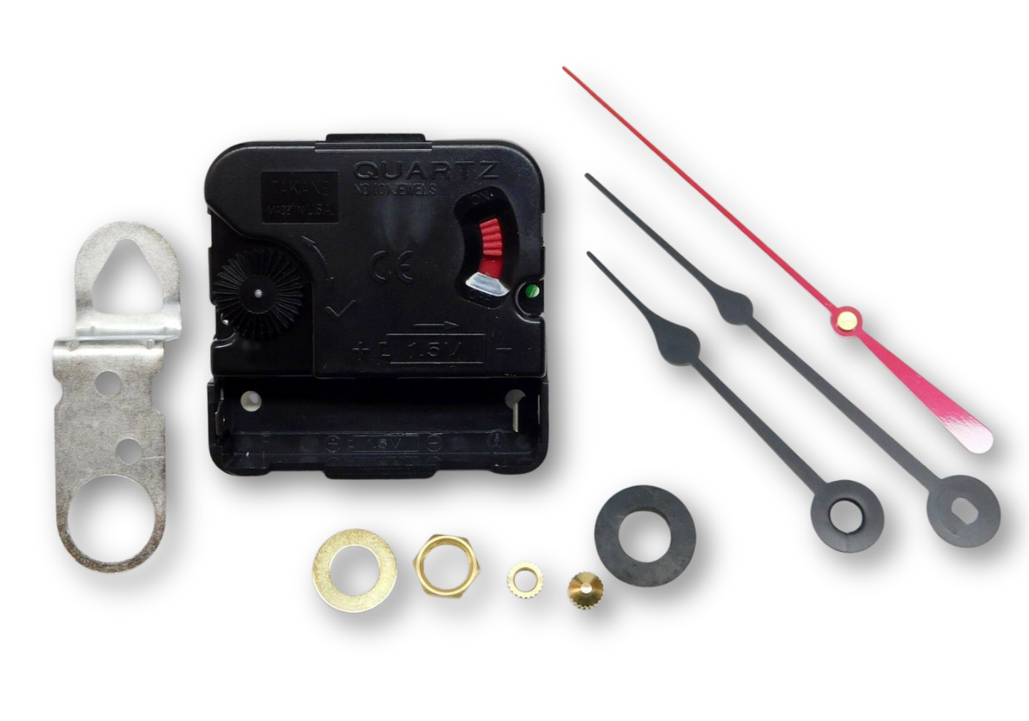 Takane quartz clock movement with spade hands and mounting hardware, battery powered