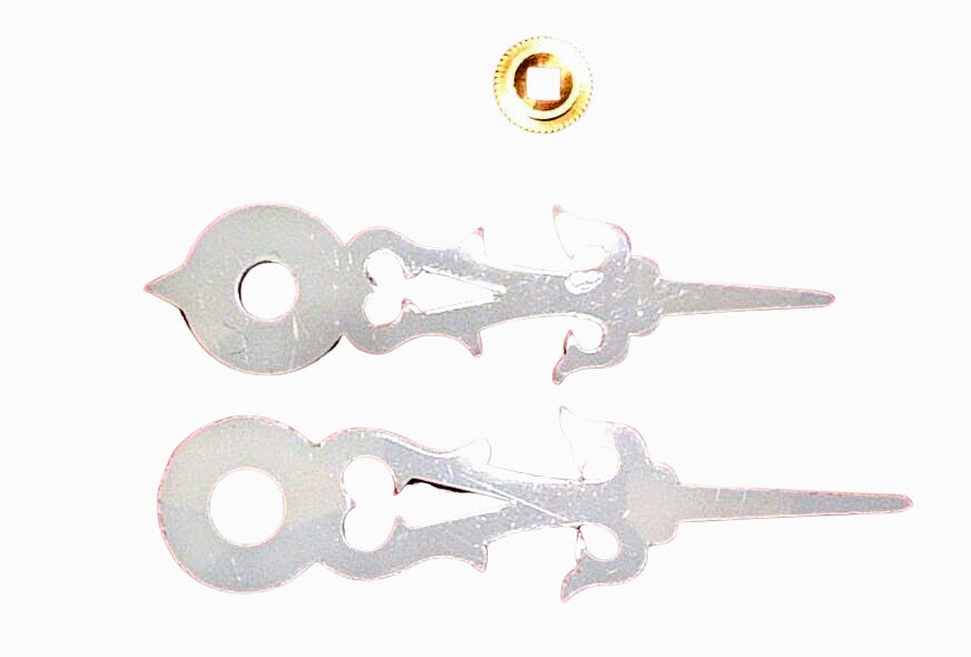 White cuckoo clock hands sized for 100–110 mm dials with brass bushing for Regula and Hubert Herr movements