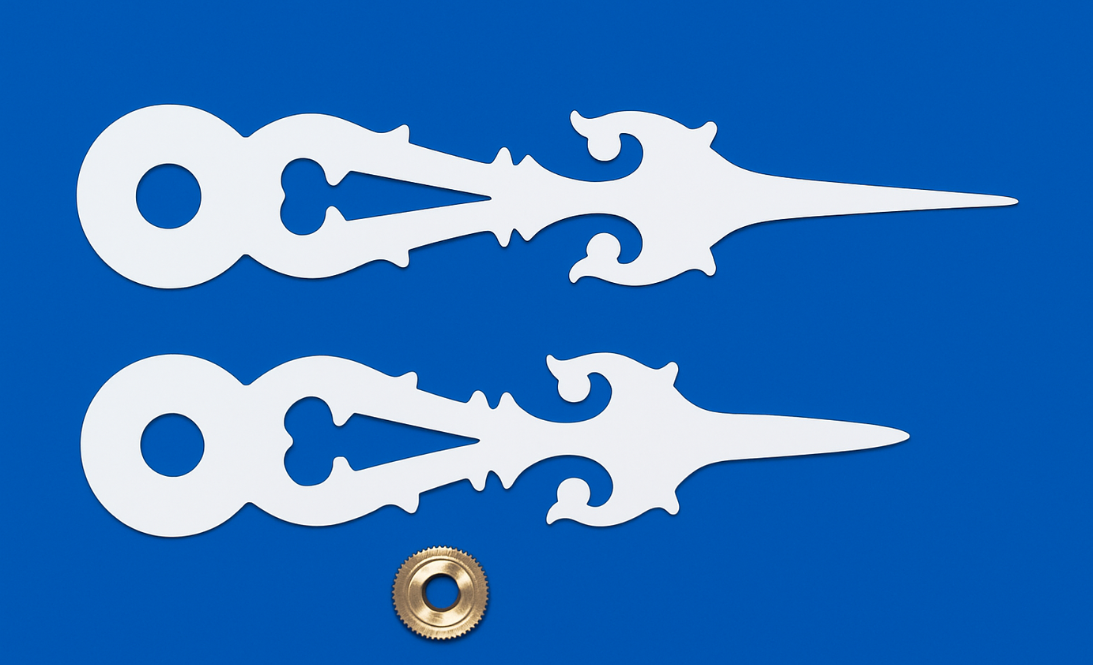 White cuckoo clock hands for 130 mm dial with brass square-hole bushing, compatible with Regula and Hubert Herr movements
