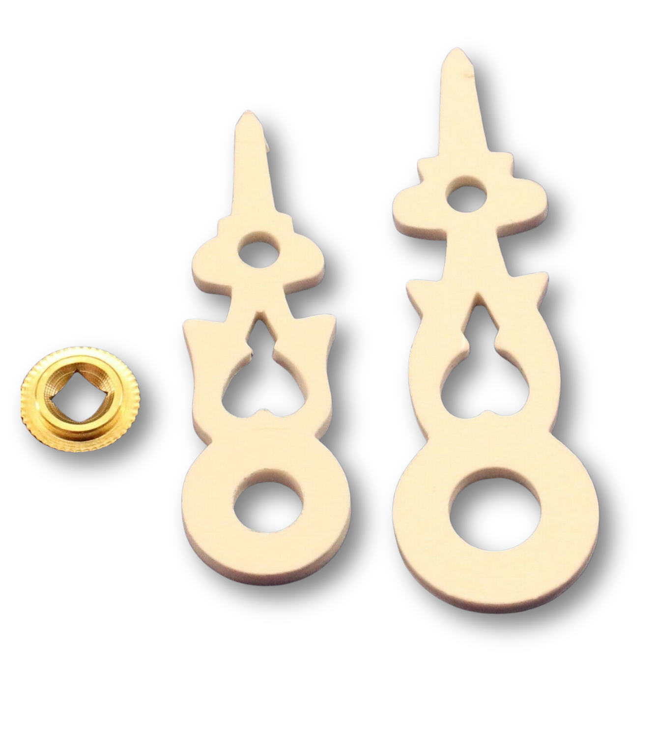 White cuckoo clock hands for 70 mm dial with brass bushing, compatible with Regula and Hubert Herr movements