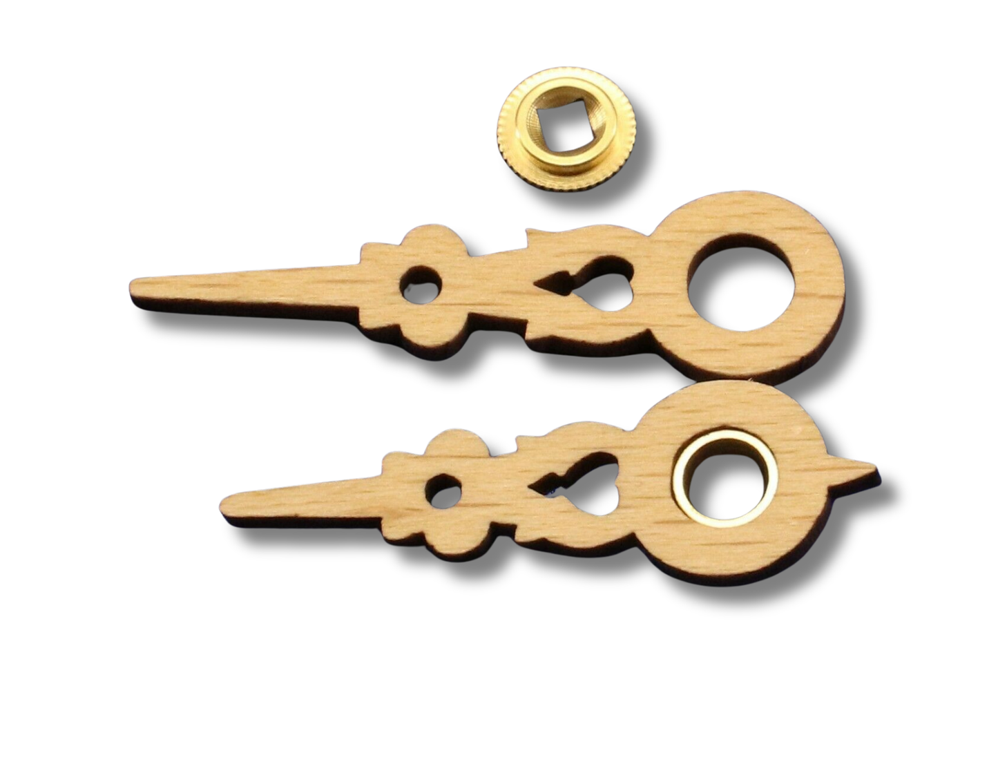 Set of solid wood cuckoo clock hands for 80 mm (3-1/8 inch) Regula dial with brass hour and minute bushings.