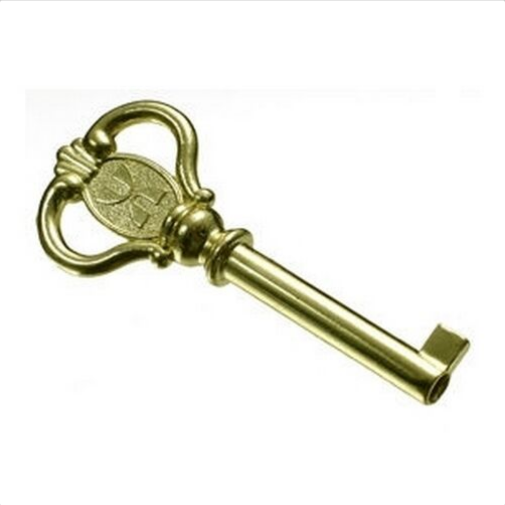 Howard Miller grandfather clock door key with polished brass finish and official logo