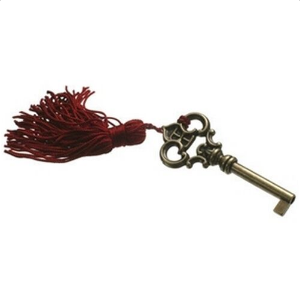 Howard Miller Presidential grandfather clock door key in antique brass with logo and tassel