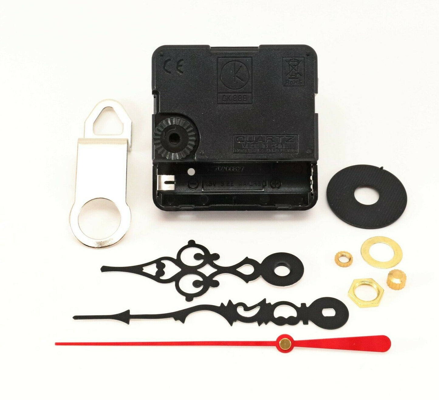 Mini quartz clock movement with silent sweep (no ticking noise). High-torque. Includes serpentine-style hands.