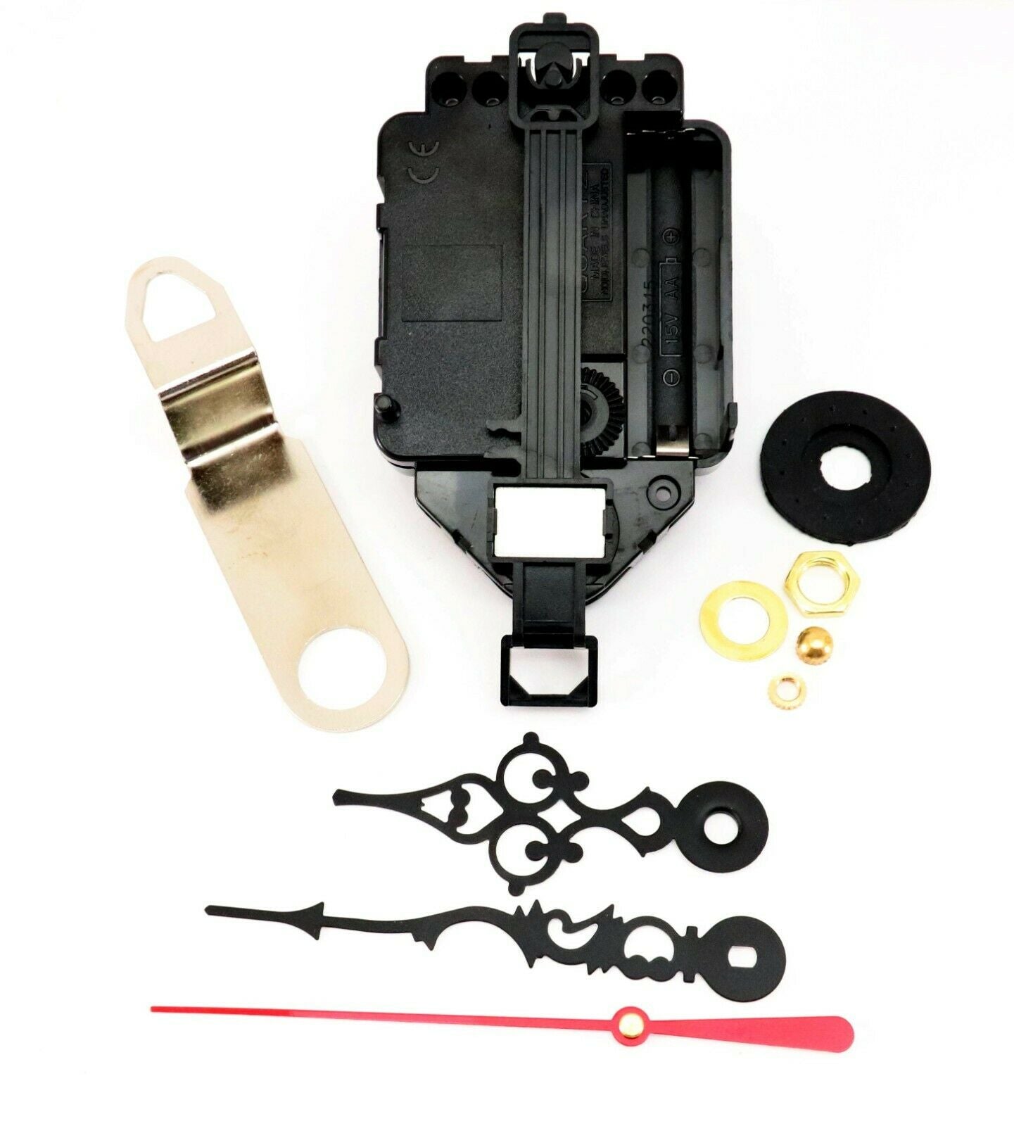 Silent sweep quartz pendulum clock movement with serpentine hands and metal hanger, no ticking noise