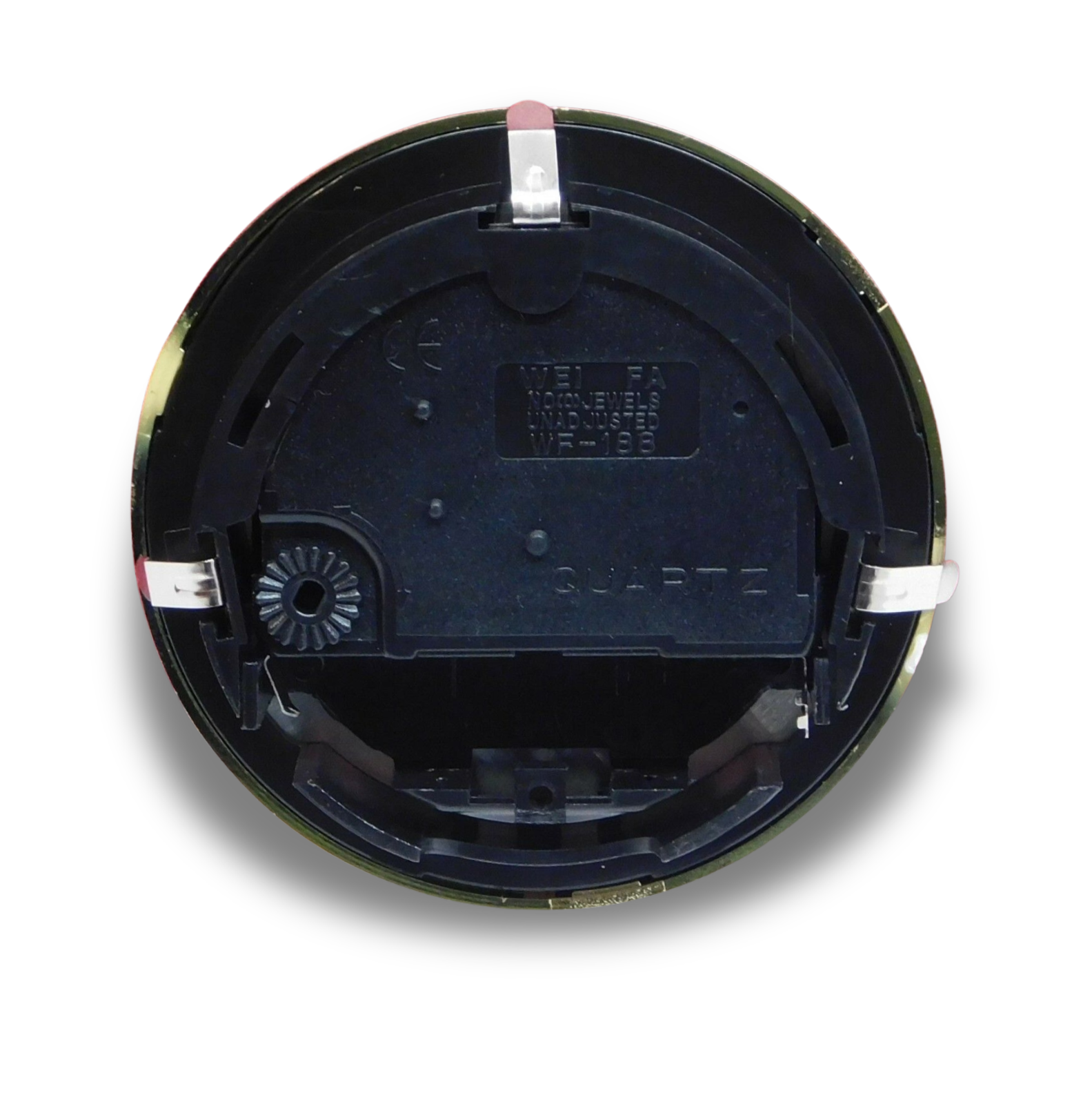 2 3/4 inch quartz insert fit-up clock movement with cream Arabic dial, black spade hands, and gold finish bezel