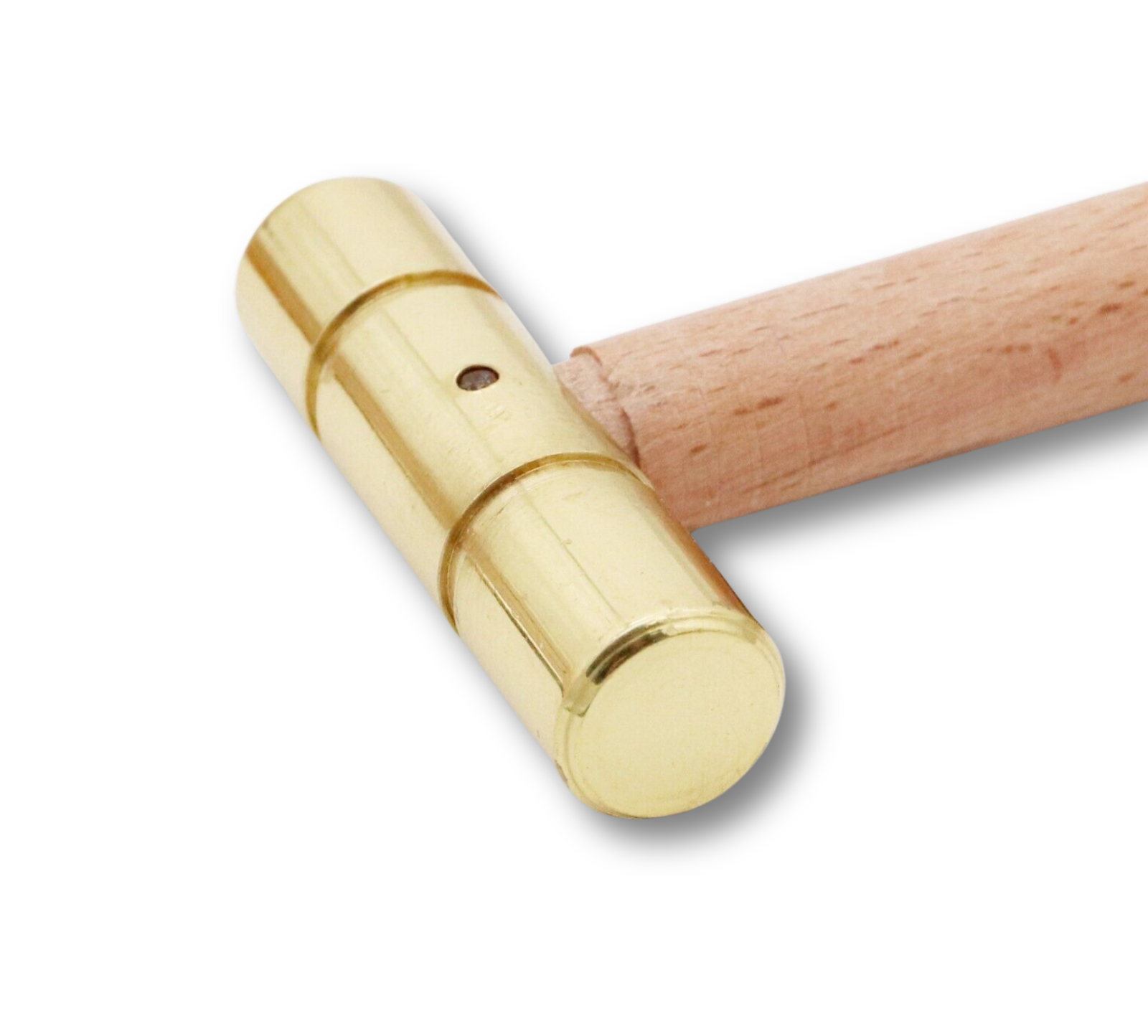 Brass hammer with hardwood handle for clock, watch, and jewelry repair, featuring flat and rounded polished head