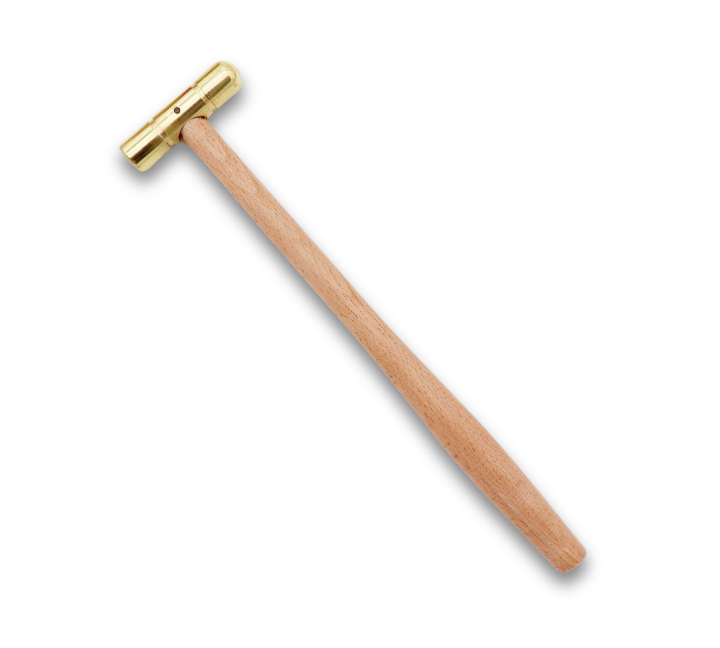 Brass hammer with hardwood handle for clock, watch, and jewelry repair, featuring flat and rounded polished head