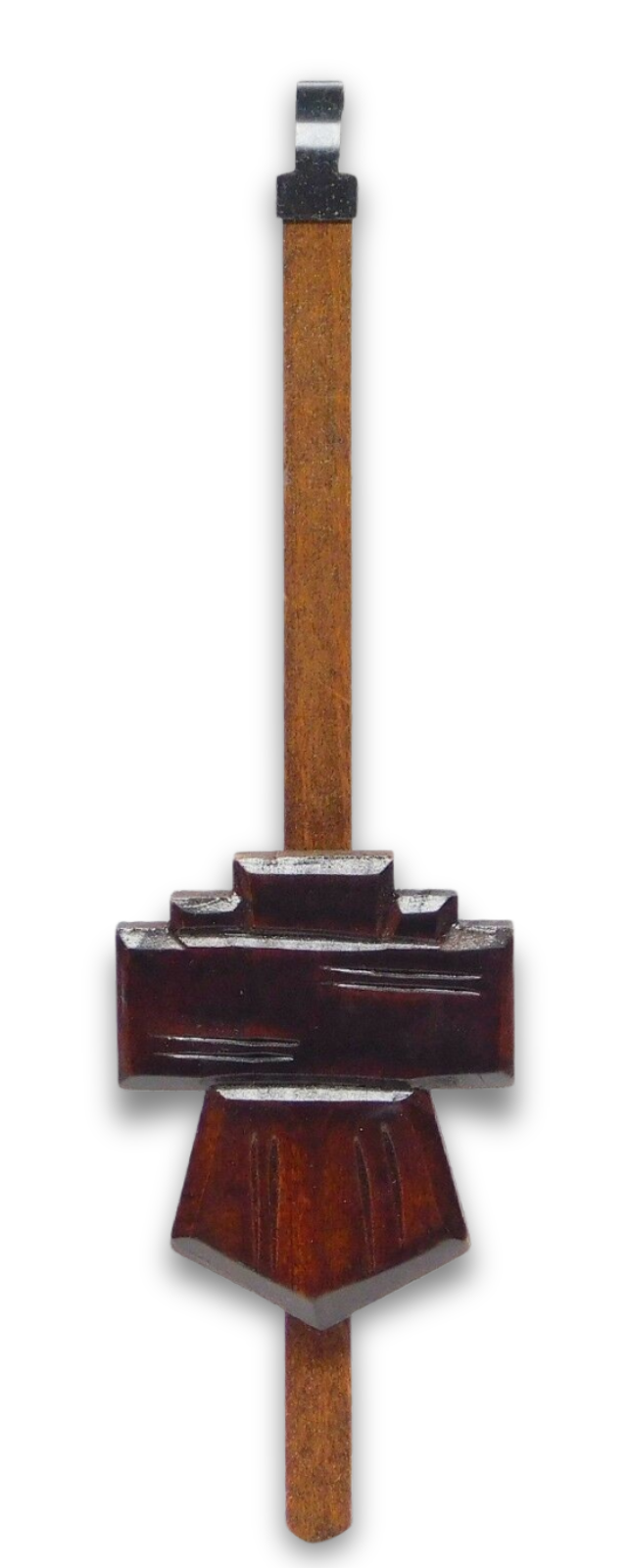 Chalet style German-made cuckoo clock pendulum with 2 1/4 inch wooden bob and timekeeping adjustment slider