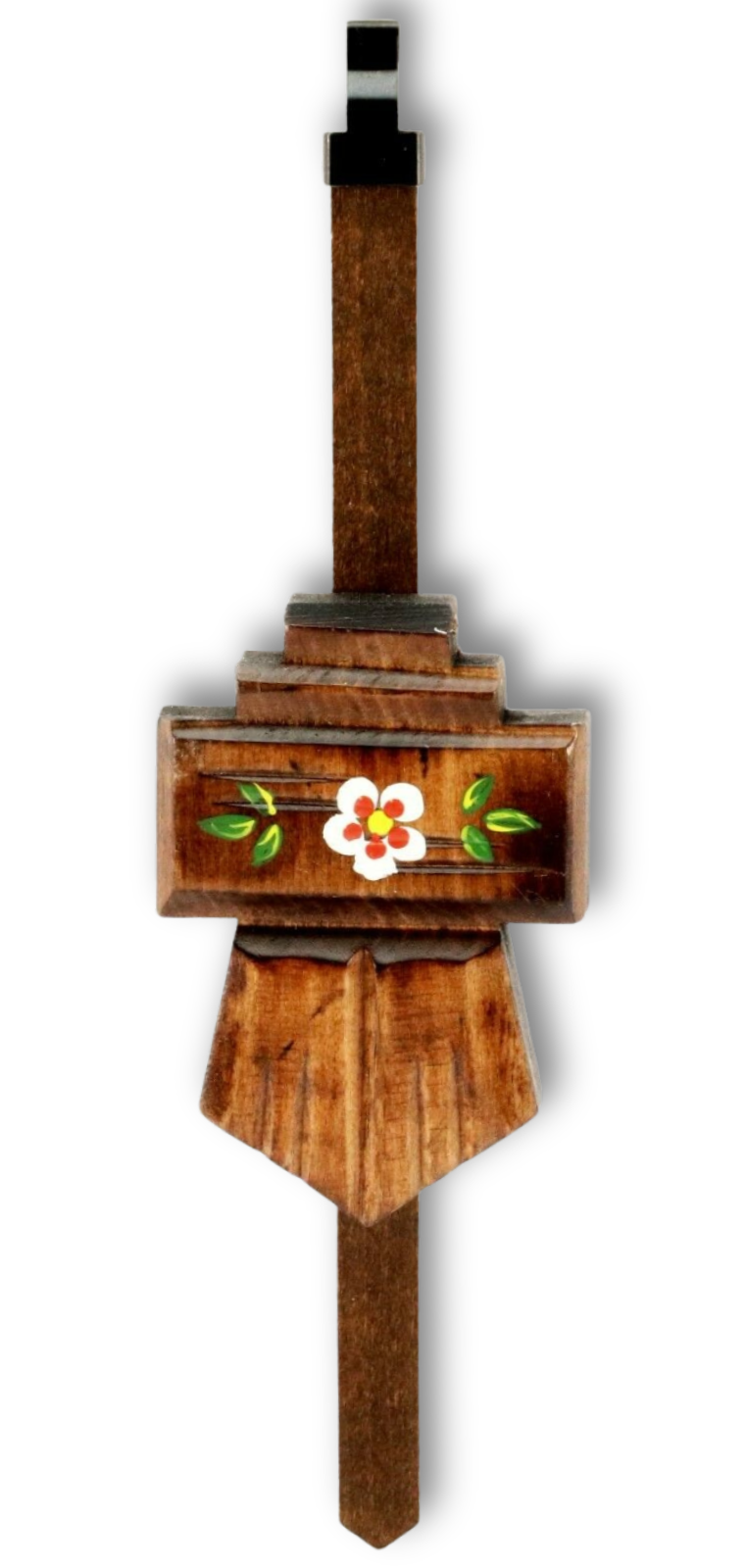 Chalet style cuckoo clock pendulum with hand painted flowers and brown walnut finish, adjustable wood pendulum for traditional cuckoo clocks