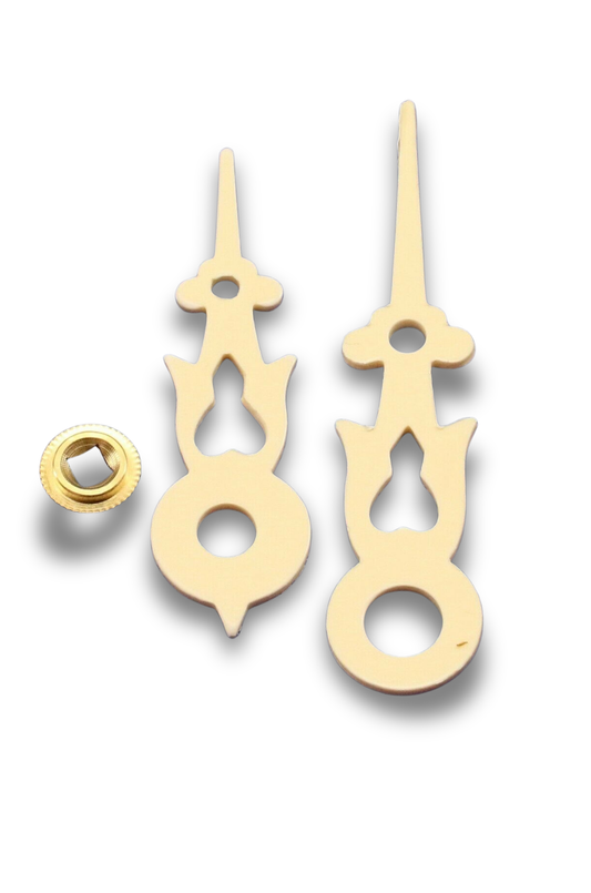 Cream cuckoo clock hands for 90 mm dial with brass square bushing, compatible with Regula and Hubert Herr movements