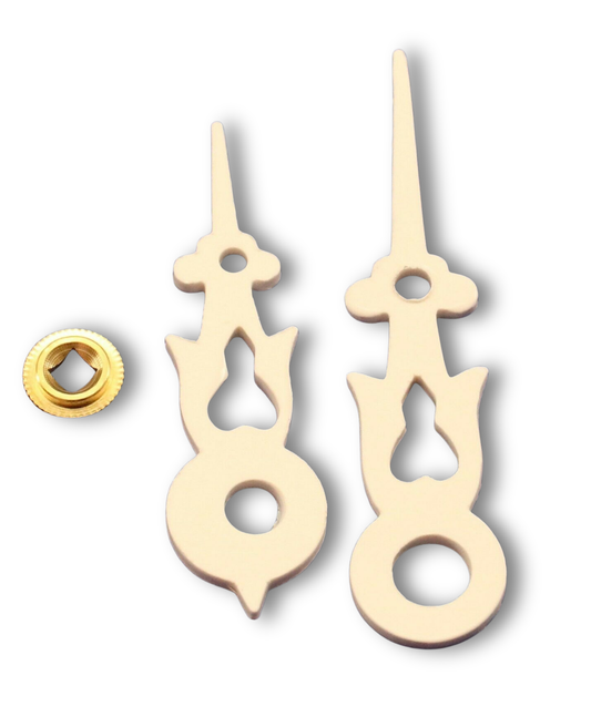 White cuckoo clock replacement hands for 90 mm dial with brass bushing, compatible with Regula and Hubert Herr movements