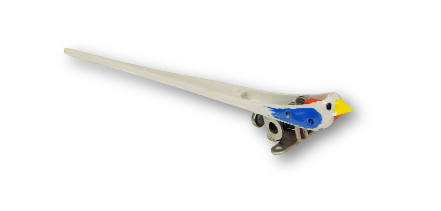 German-made 3 3/8 inch moving-mouth cuckoo clock bird with grey body, yellow beak, red mouth, and metal mounting base