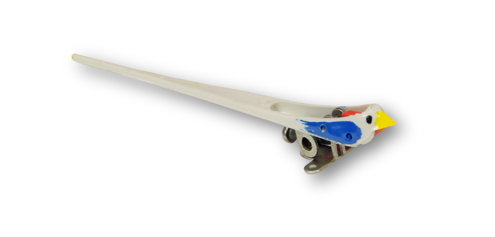 German-made 3 3/8 inch moving-mouth cuckoo clock bird with grey body, yellow beak, red mouth, and metal mounting base