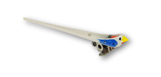 German-made 3 3/8 inch moving-mouth cuckoo clock bird with grey body, yellow beak, red mouth, and metal mounting base