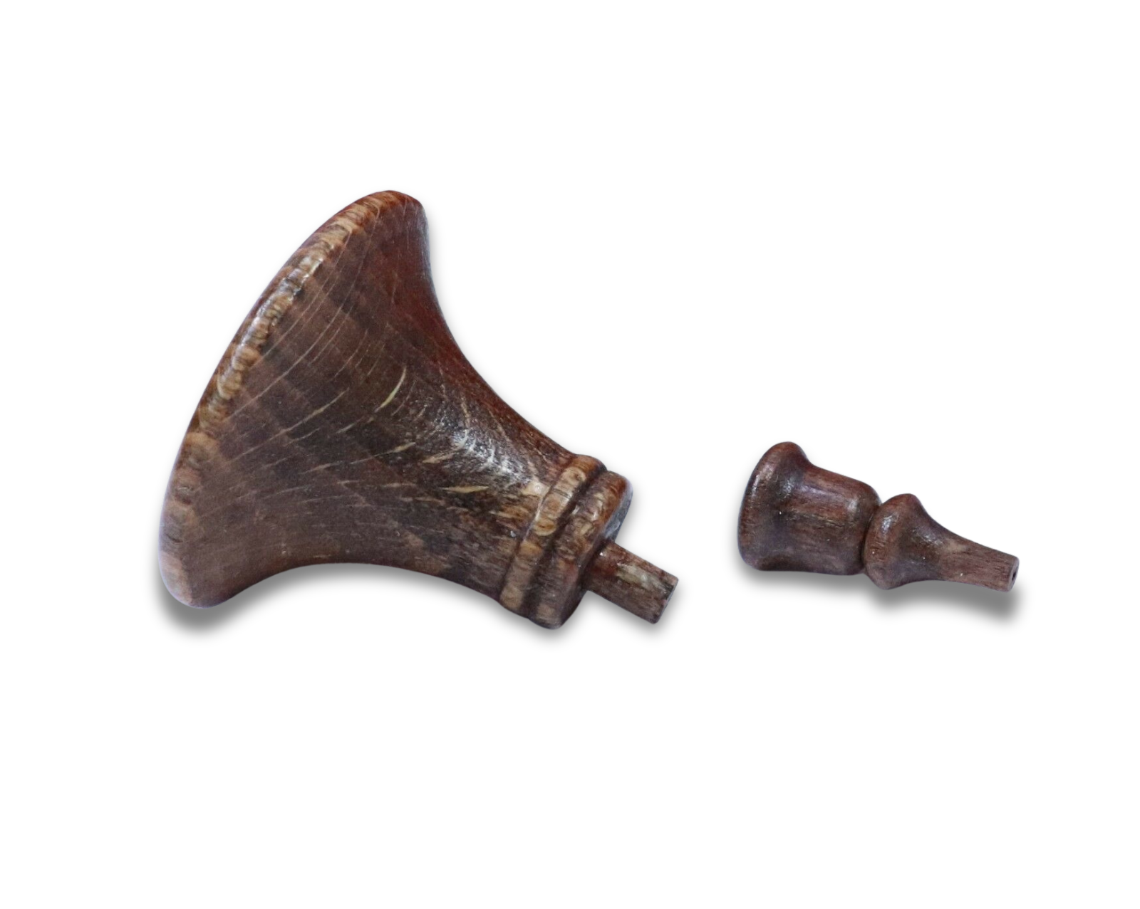 German-made brown stained wood cuckoo clock horn and mouthpiece set, 25 mm diameter.