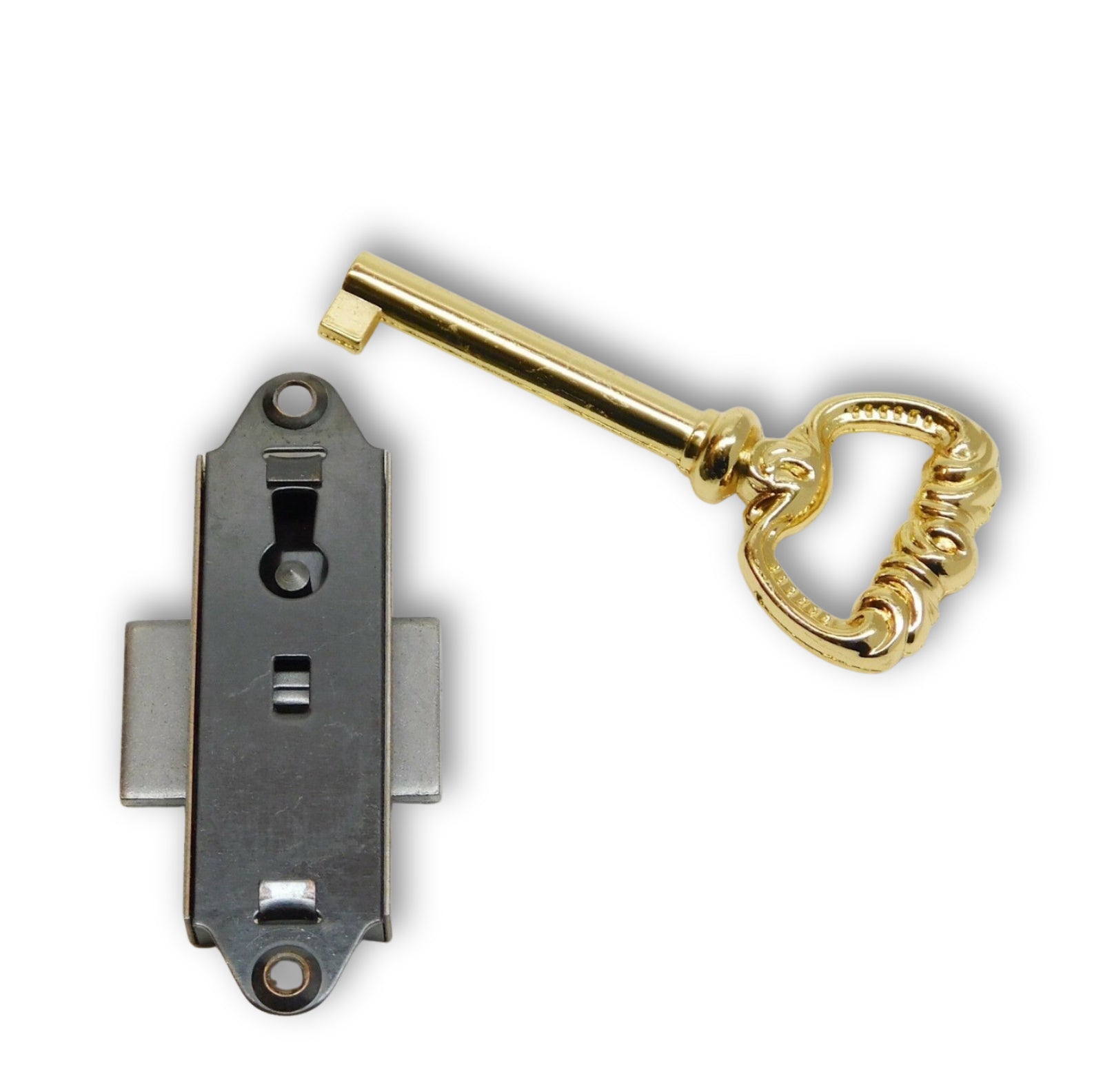 Narrow-style grandfather clock door lock and fancy key set compatible with Ridgeway, Howard Miller, and Sligh clocks