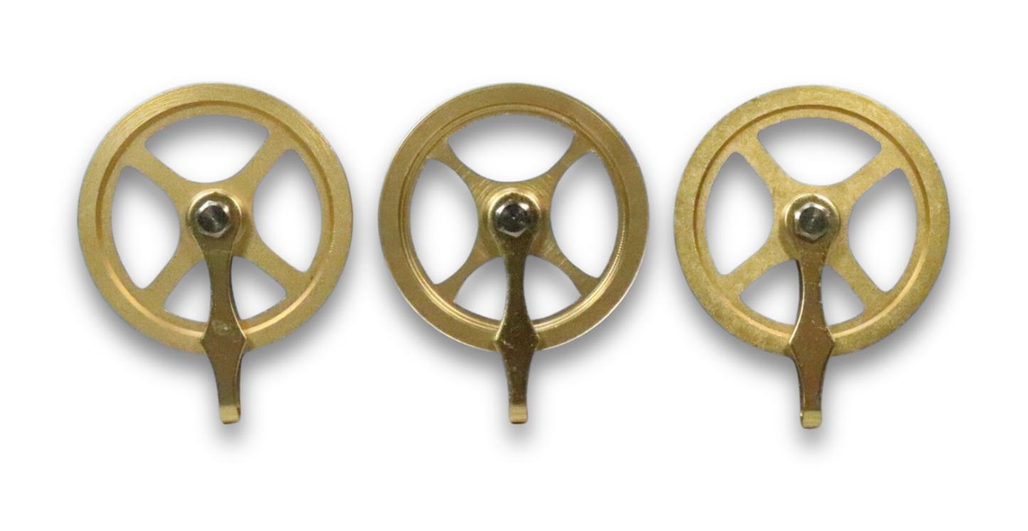 Set of three 1 3/4 inch brass grandfather clock weight pulleys for Hermle, Kieninger, and Urgos movements