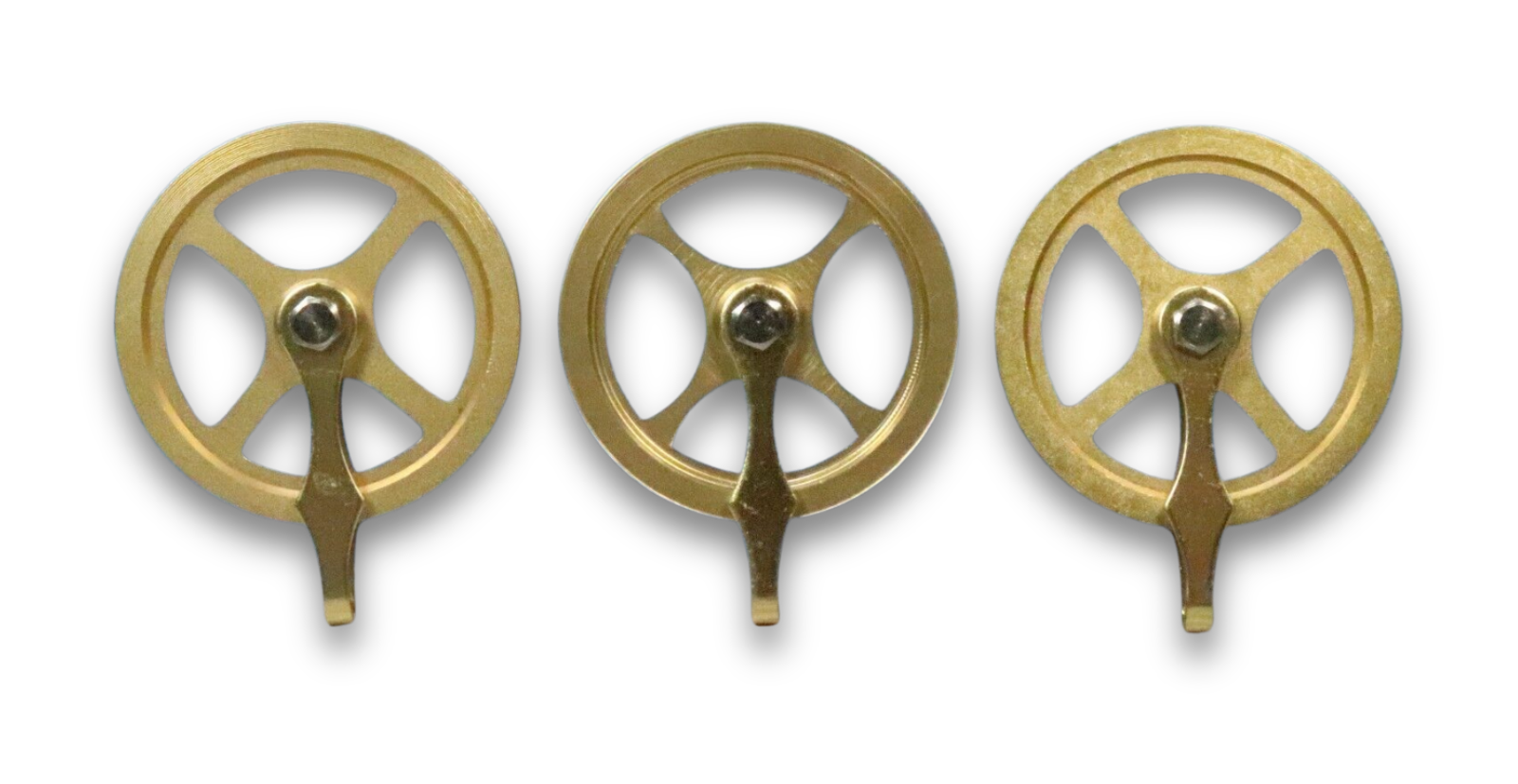 Set of three 1 3/4 inch brass grandfather clock weight pulleys for Hermle, Kieninger, and Urgos movements