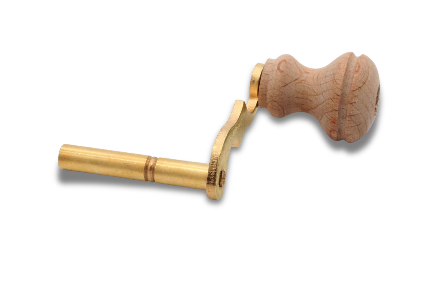 Size #7 grandfather clock winding crank for 4 mm arbor with brass body and hardwood handle.