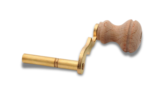 Size #8 grandfather clock winding crank for 4.25 mm arbor with brass body and hardwood handle.