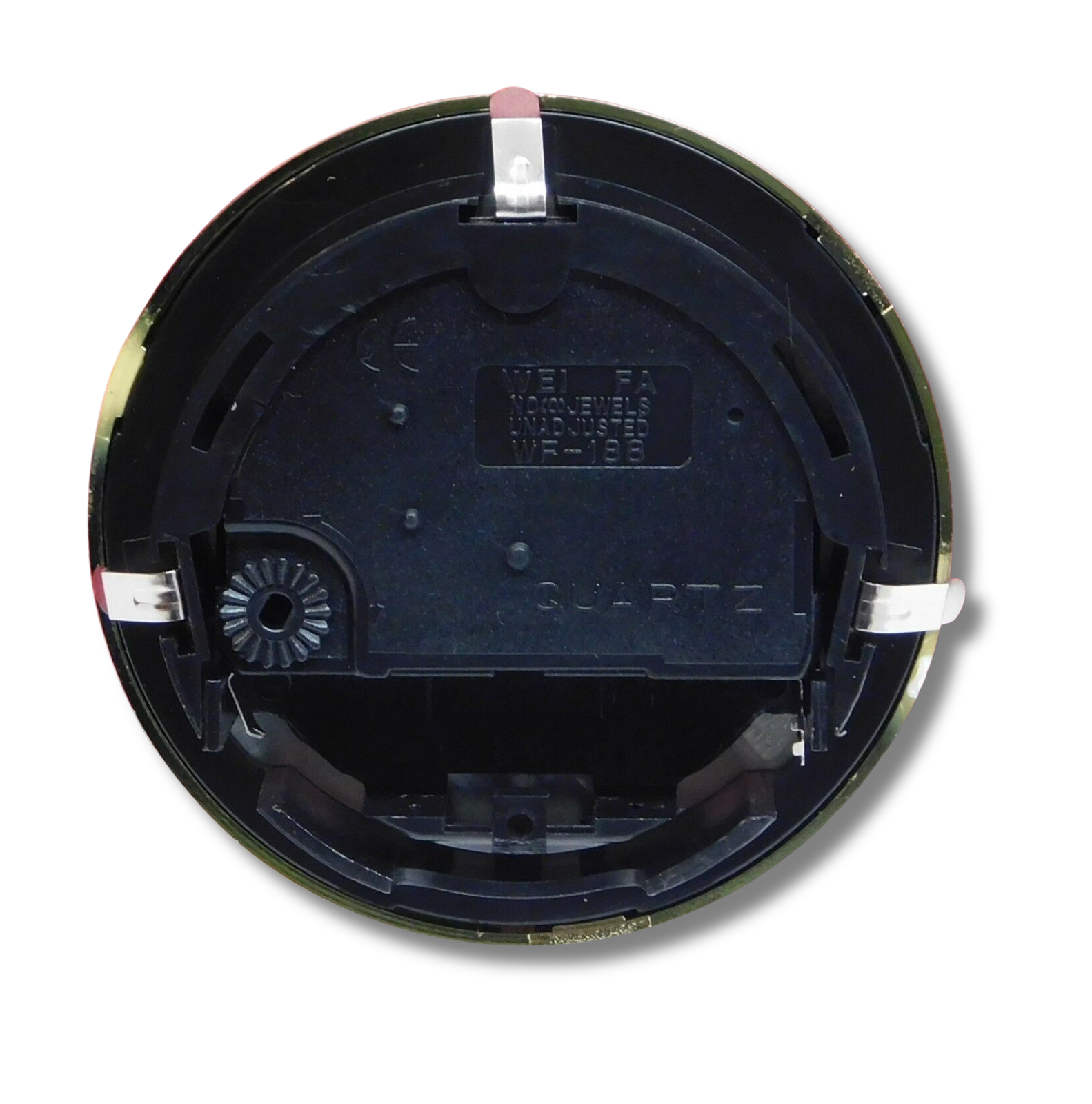 2-3/4 inch quartz fit-up clock insert with white Roman dial, gold bezel, and black spade hands, model GWR2.75.