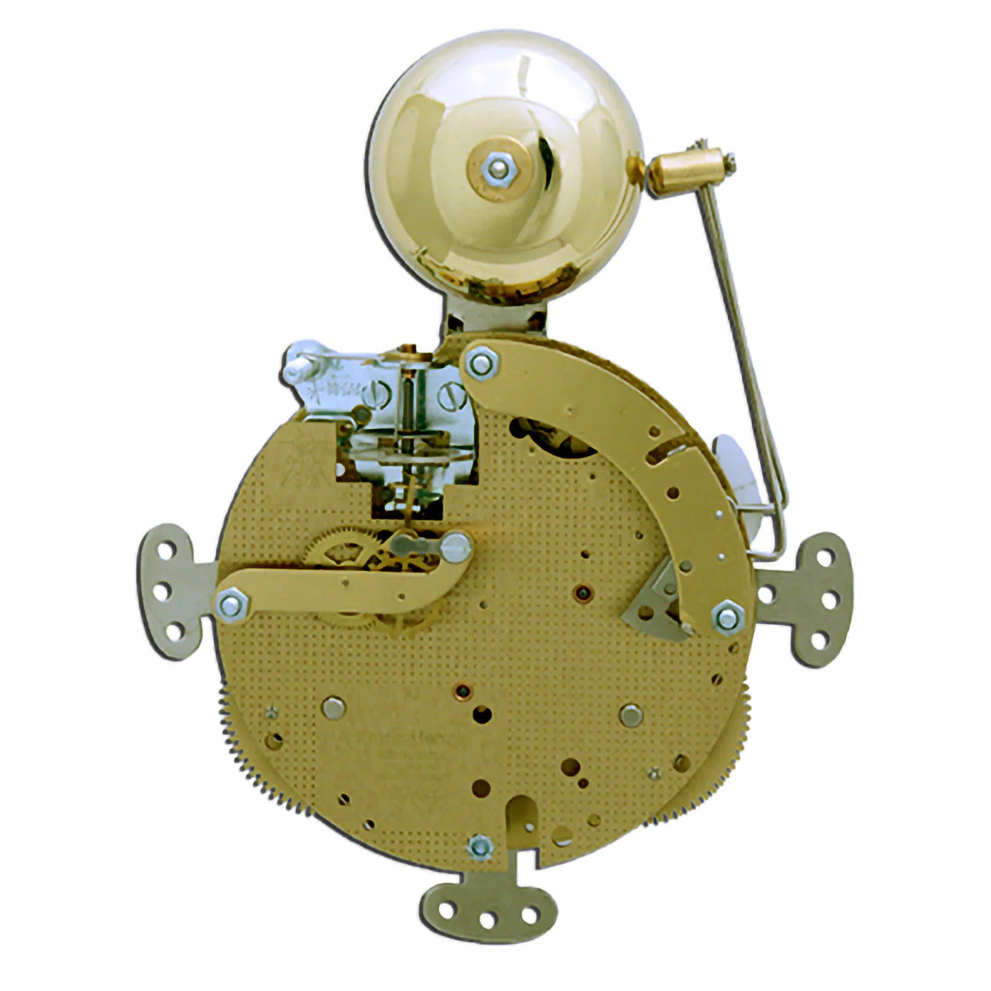 Hermle 131-080 mechanical wall and mantel clock movement with hour and half-hour bell strike, round 90 mm plate