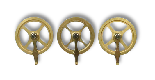 Set of three 1 3/4-inch brass grandfather clock weight pulleys compatible with Hermle, Kieninger, and Urgos movements