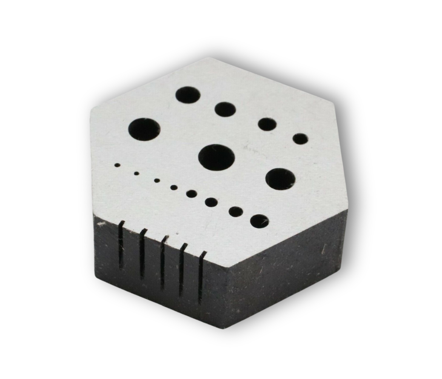 Hexagonal hardened steel bench block anvil with V-slot for riveting and staking in clock and watch repair