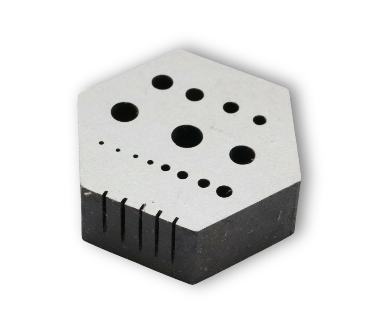 Hexagonal hardened steel bench block anvil with V-slot for riveting and staking in clock and watch repair