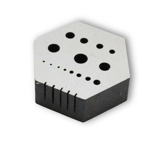 Hexagonal hardened steel bench block anvil with V-slot for riveting and staking in clock and watch repair