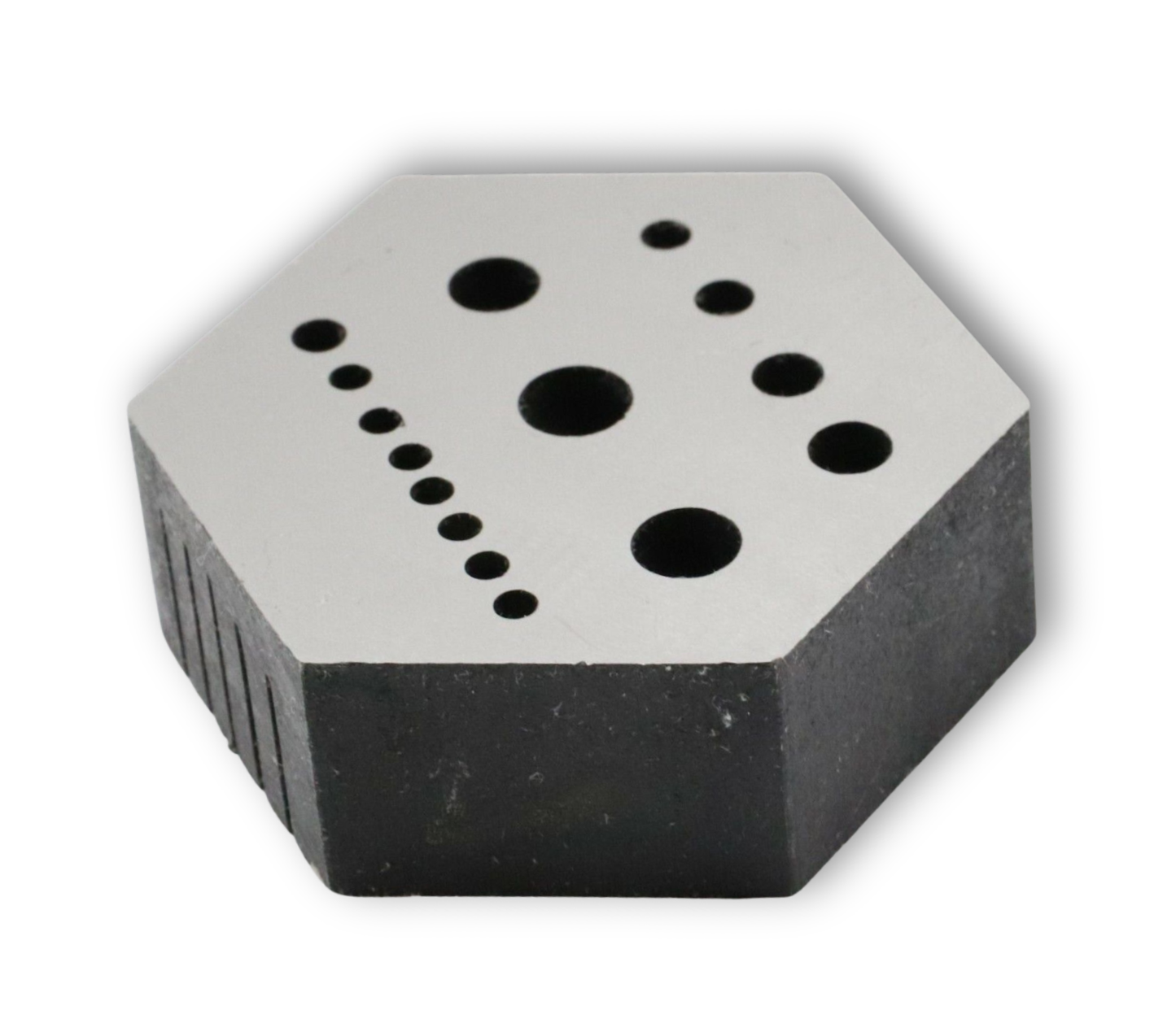 Hexagonal hardened steel bench block anvil with V-slot for riveting and staking in clock and watch repair