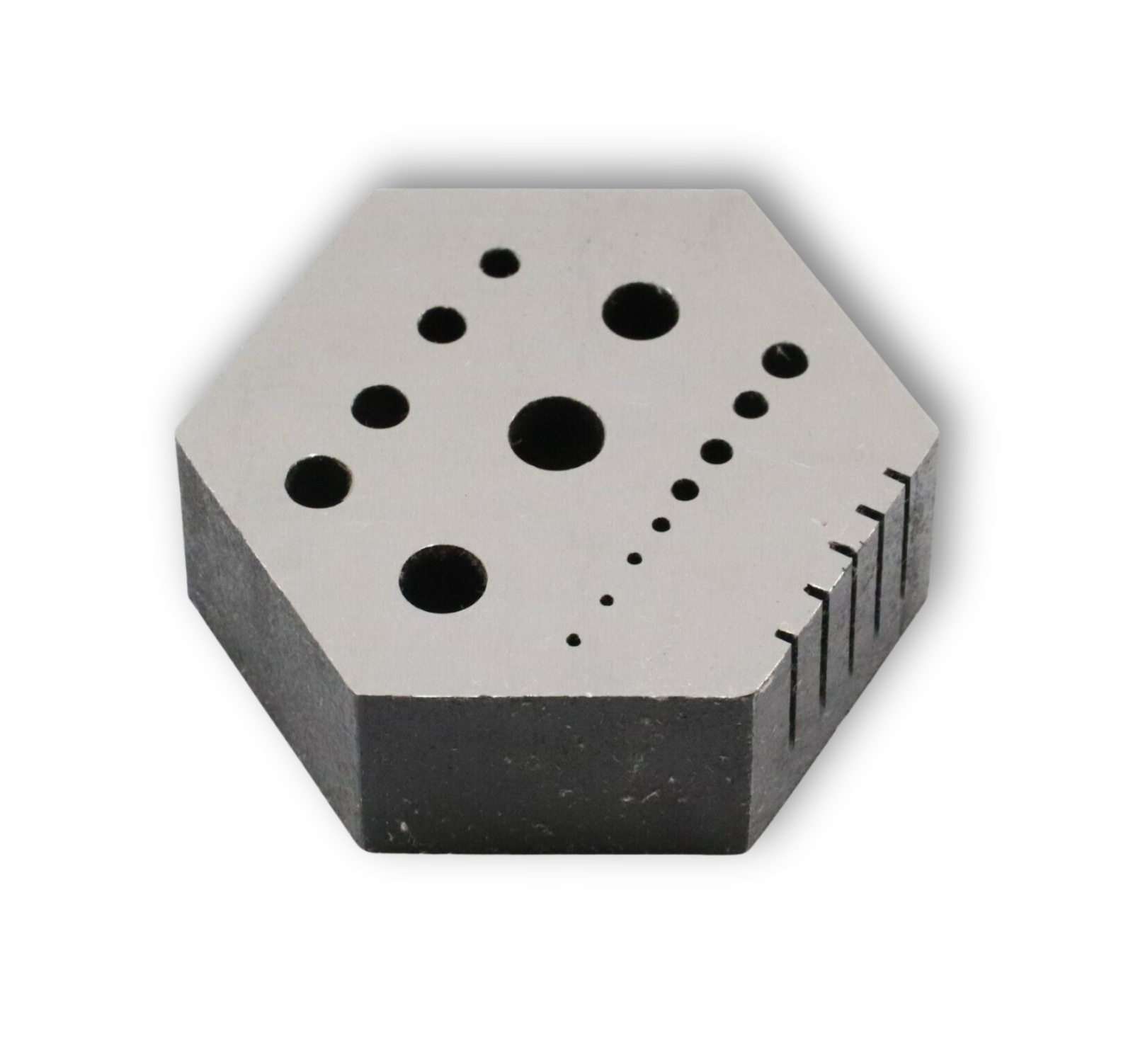 Hexagonal hardened steel bench block anvil with V-slot for riveting and staking in clock and watch repair