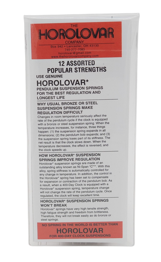 Horolovar Anniversary Clock Suspension Spring Assortment – 12 Popular Strengths for 400-Day Clocks