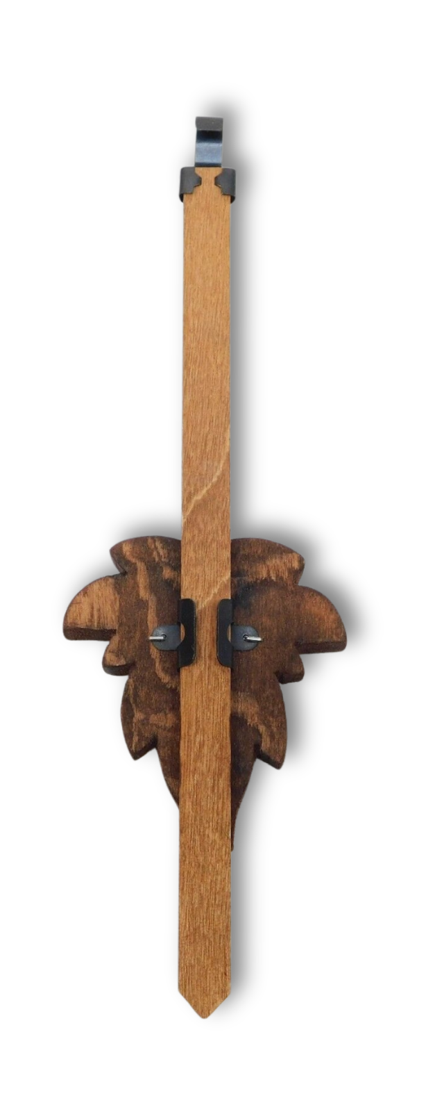 German-made maple leaf cuckoo clock pendulum with adjustable metal timekeeping slider and brown wood finish back