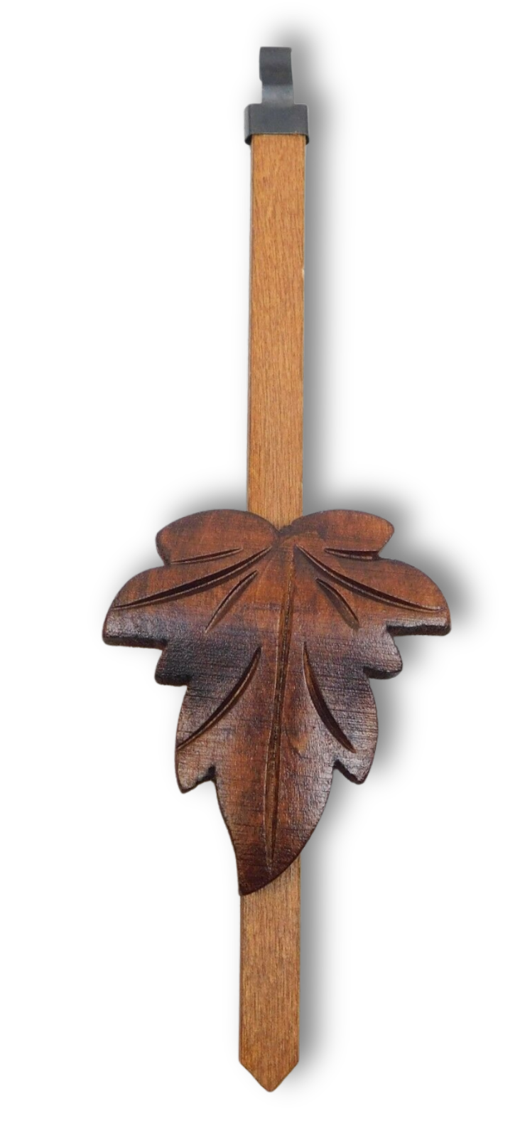 German-made maple leaf cuckoo clock pendulum with adjustable metal timekeeping slider and brown wood finish