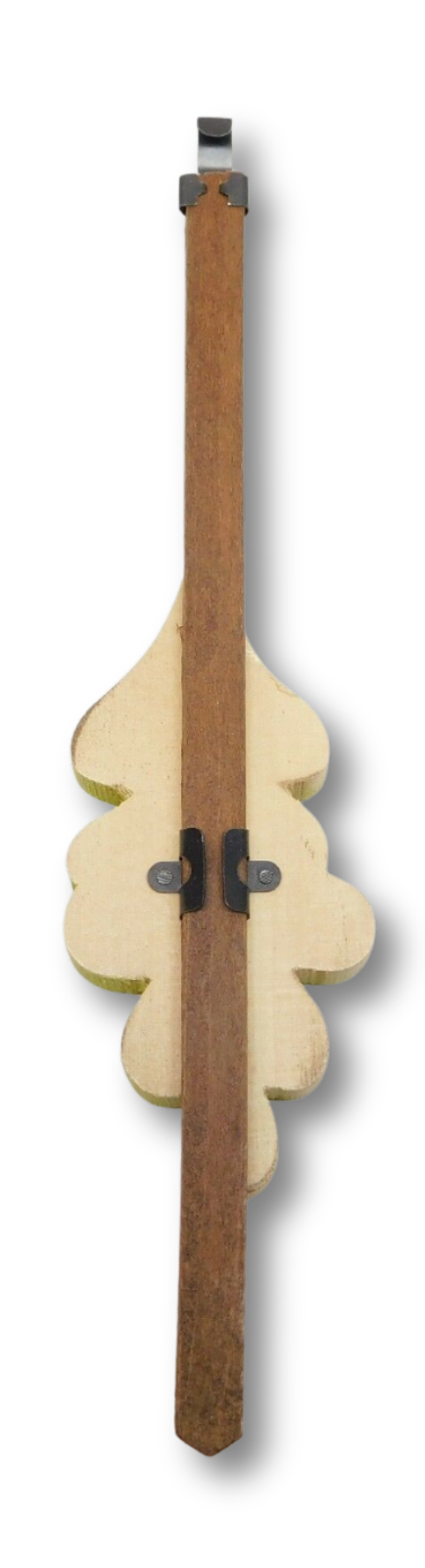 German-made oak leaf cuckoo clock pendulum with green and brown painted finish and timekeeping adjustment slider
