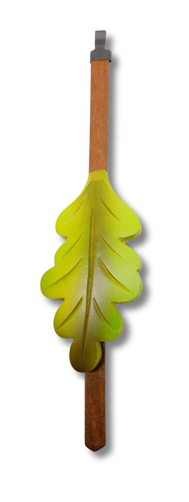 German-made oak leaf cuckoo clock pendulum with green and brown painted finish and timekeeping adjustment slider