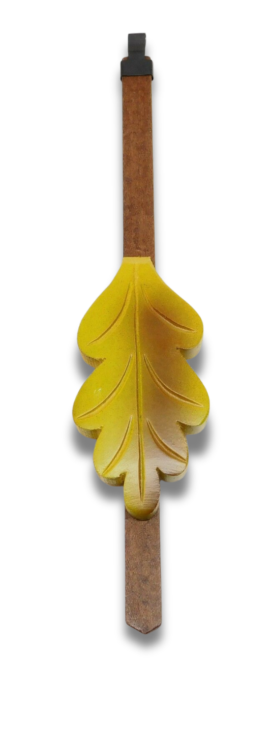 German-made oak leaf cuckoo clock pendulum with green and brown finish, 1.5-inch bob, and timekeeping adjustment slider.
