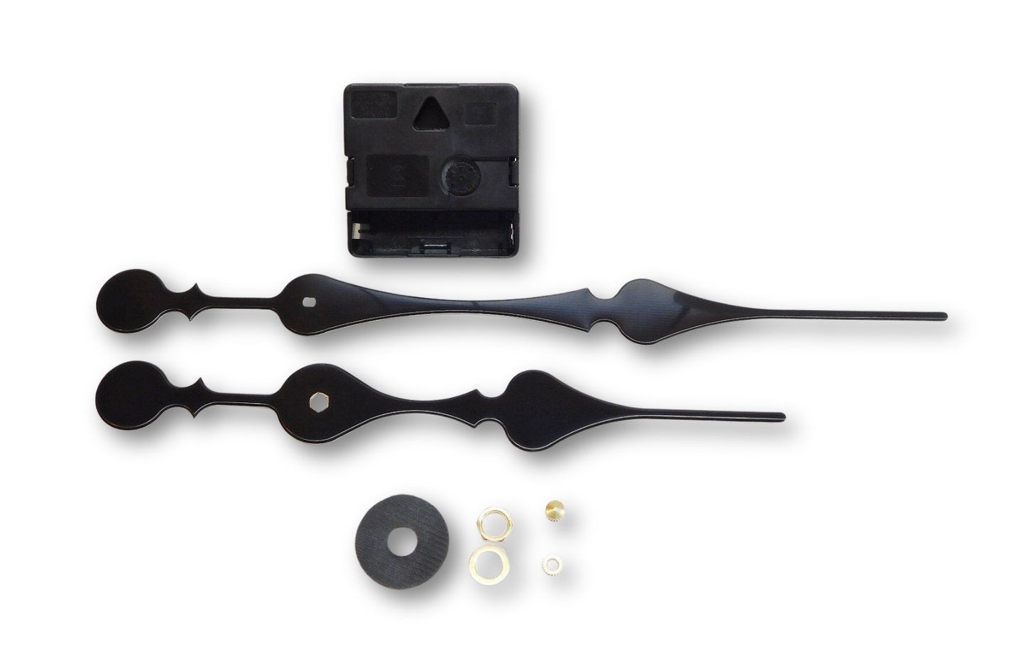 Quartex high torque quartz clock movement with 8 1/4 inch black hands and long shaft