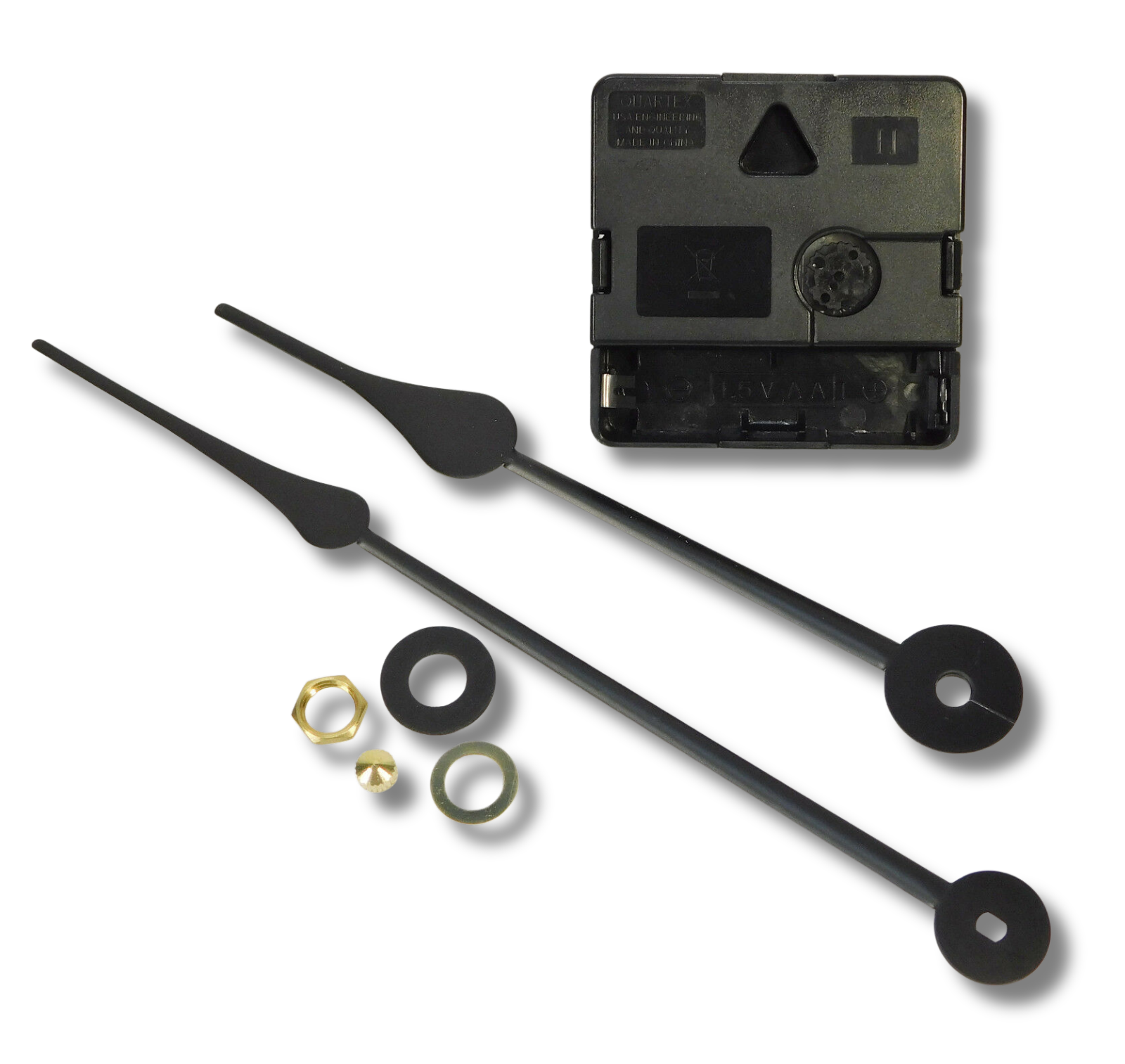 Quartex high torque quartz clock movement with long shaft and 6 inch black spade hands