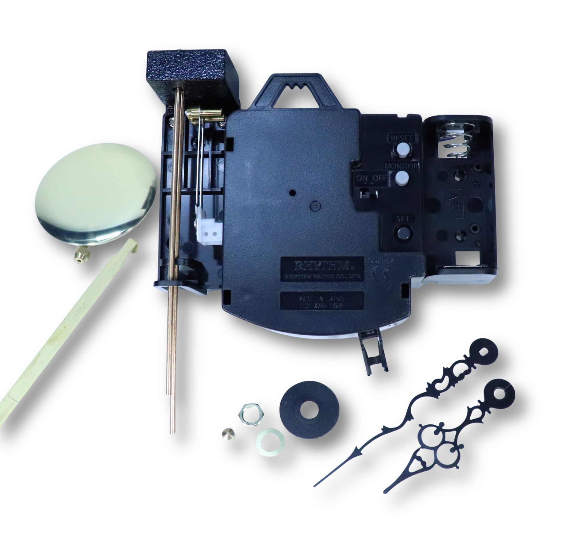 Quartz pendulum clock movement with mechanical bim-bam strike and serpentine hands